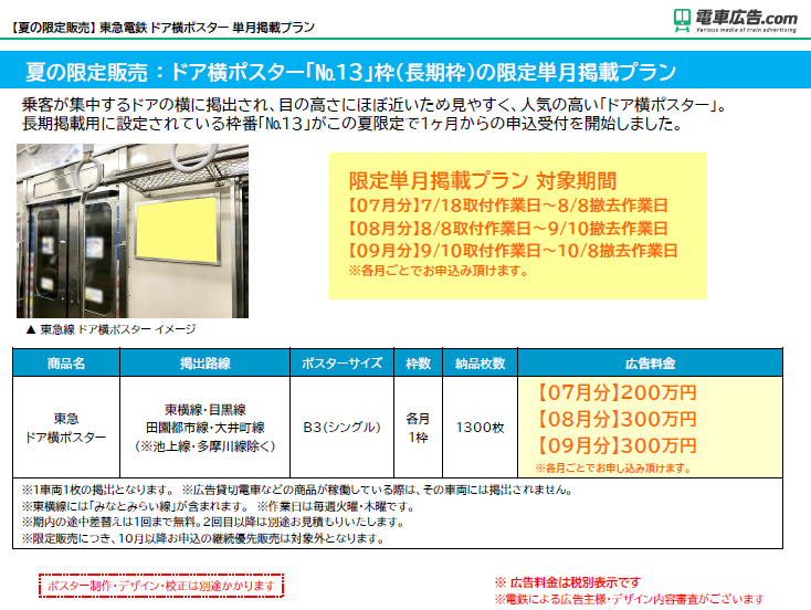 【夏の限定販売】 東急電鉄 ドア横ポスター 単月掲載プラン